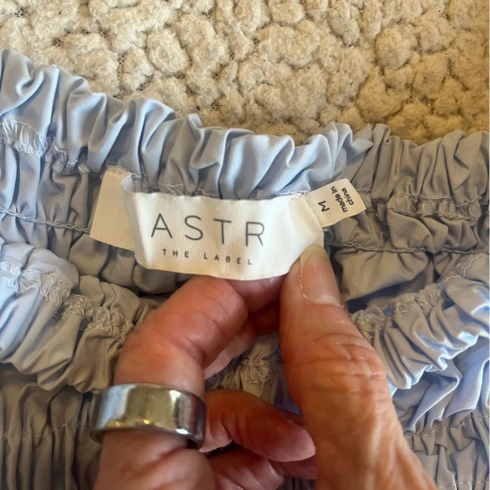 ASTR Light Blue Cinderella Puff Sleeve Smocked Top Medium